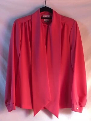 Vtg Lee Mar Pageant Sz 8 Lightweight Long Slv Hot Pink Button Up Neck Tie Blouse - Image 1 of 4