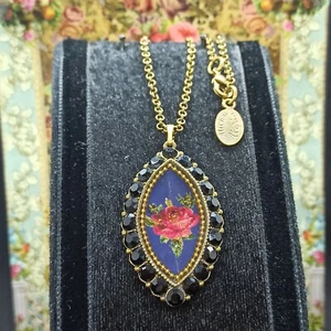 Michal Negrin Cameo Pendant Necklace Rose Blue & Swarovski Crystals Gift Long - Picture 1 of 12
