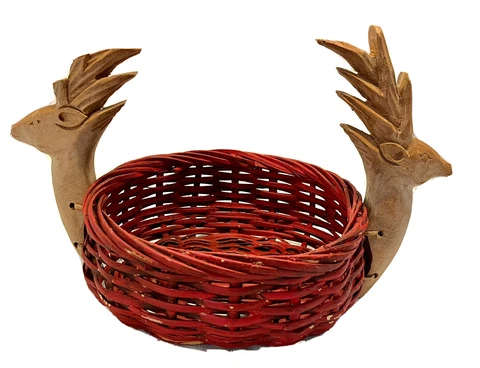 Vintage Red Basket Reindeer Christmas Carved Wood Deer Handles Storage Display Cover