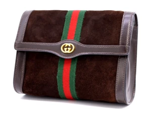 Gucci Vintage Bag Sherry Clutch Handbag Suede Leather Brown Small - Authentic - Picture 1 of 19
