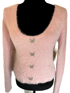 Suéter rosa suave difuso No Boundaries manga larga estrás moño detalles nuevo con etiquetas L - Imagen 1 de 7