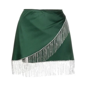 Oseree Crystal Fringed Satin Wrap Skirt In Green One Size $418 RARE - Picture 1 of 9
