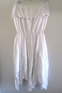 Vintage Sommerkleid weiß Baumwolle trägerlos Taschentuch Stil Saum Größe M - Bild 1 von 8