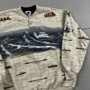 Vintage 90's Great Lakes Shipwrecks All-Over-Print Crewneck Sz L - Picture 1 of 13