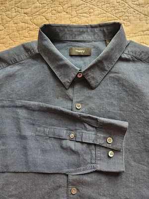 Theory Men's Zack Blue Linen Blend Button Up Long Sleeve Shirt, Size XL - Image 1 of 4
