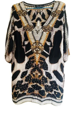 FASHION SPECTRUM 100% Silk Animal Print Tunic Kaftan Dress Beaded 3/4 Sleeve M/L - Image 1 of 4