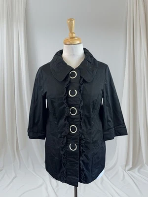 Y2K Black Coat Ruffle Front Big Snap Buttons Goth Lolita Harajuku Edgy Kawaii M - Image 1 of 4