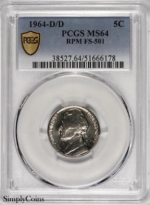 Jefferson Nickel 1964-D/D RPM FS-501 GRADUACIÓN PROFESIONAL MS64 ~ Repunfado marca de ceca ¡RARO! Foto 1 de 3
