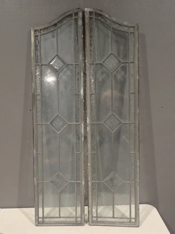 Pair of Antique? Leaded Glass Arched Top Windows 36.5" x 8.5" each panel Diamond Cover