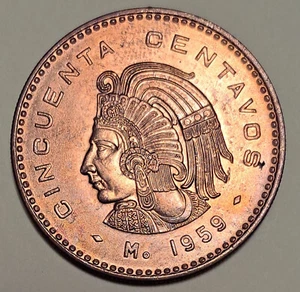 1959 Mexico 50 Centavos Uncirculated Copper Coin Cuauhtemoc - Picture 1 of 2