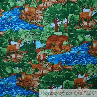 BonEful Fabric FQ Cotton Quilt Green Grass Blue Water Sky Cloud Deer Bear Scenic - Image 1 of 4