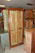 Antique green INDIAN Armoire Rustic CARVED TALLCabinet Distressed Storage CHEST