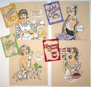 Celia Margaret Ingram. Gouache set four food / coctail designs Gin Fizz, Jam.. - Picture 1 of 5