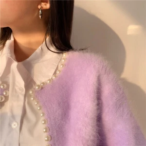 Cardigan Maglione Donna Outerwear Cappotto Top Finta Pelliccia Mohair Soffici Perline Nuovo - Foto 1 di 29