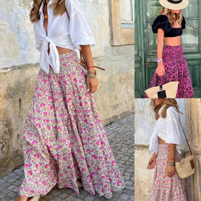 🔥Jupe Longue Bohème Florale Pour Femme Taille Haute Pour La Plage Les / - Photo 1/4