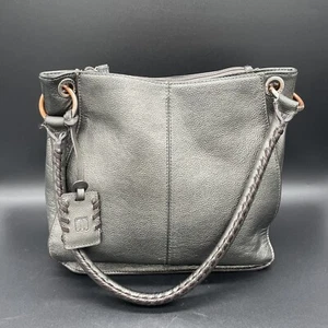 Tignanello Metallic Leather Handbag Purse Silver Pebbled Medium Braided Handle - Picture 1 of 18