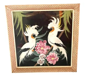 Vintage Original Rahmen & Mid-Century Moderne Kakadu Vögel & Blumen Malerei - Bild 1 von 3