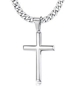 Collar Cruz Plata de Ley 925 Borde Biselado para Hombres Mujeres 5mm Acero Inoxidable S... - Imagen 1 de 6
