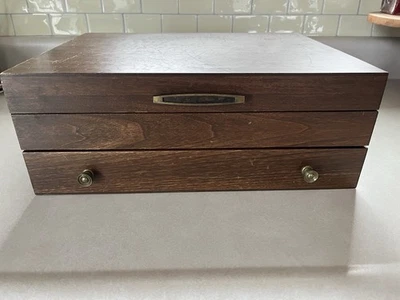 Wooden Silverware Chest Storage Box Case With Drawer Liner Lid Handles Pics Vtg - Image 1 of 4