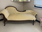 Victorian Antique Tufted Velvet Chaise Longue Ornate Wood Frame Beige