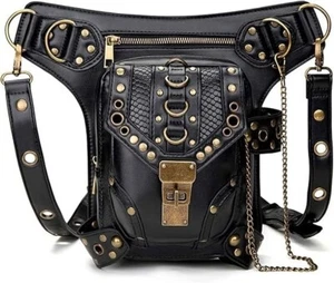 Steampunk Crossbody Shoulder Bag Messenger Gothic Waist Fanny Pack Chain (Black) - Picture 1 of 6