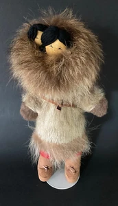 Handcrafted Signed Eskimo Doll on Stand Mom and Baby on Back REAL FUR & Suede - Picture 1 of 9