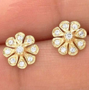 14K Yellow Gold 0.40Ct Round CZ Flower Cluster Stud Earrings 8mm - Picture 1 of 5