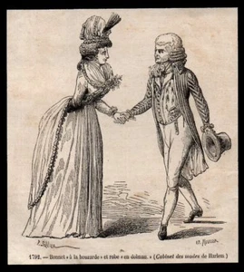 GRAVURE DE 1880 -- 1792  BONNET A LA HOUZERDE ET ROBE EN DOLMAN    3M948 - Picture 1 of 1