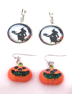 HALLOWEEN-CABOCHON EARRINGS WITCH & CAT ON BROOM &ACRYLIC ORANGE PUMPKIN-MEDIUM - Picture 1 of 9