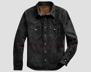 Black Leather Shirt jacket for Men Genuine Leather Suede Size S M L XXL 3XL - Picture 1 of 3