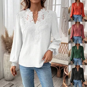 Women Lace V Neck Tunic Tops Ladies Casual Loose Long Sleeve Plain Blouse Shirt - Picture 1 of 22