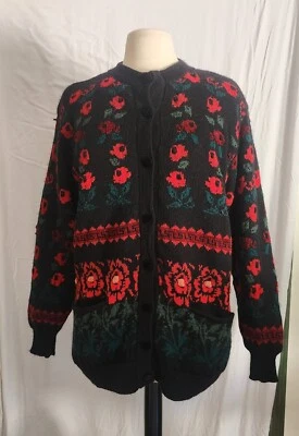 Vintage Norm Thompson Cardigan Sweater 100% Wool Black Floral Lined Ireland - Image 1 of 4