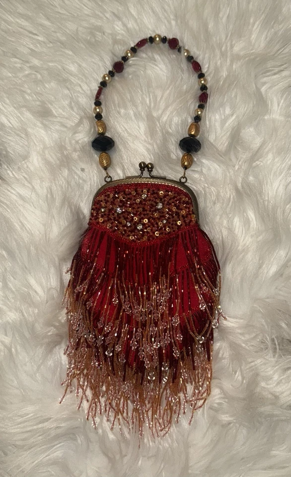 Bolso de noche vintage Caroline día cuentas flecos lentejuelas pedrería rojo nuevo Foto 1 de 4