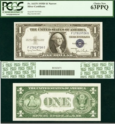 1935D $1 Silver Certificate - PCGS 63PPQ - Narrow FG Block - Fr 1613N - Image 1 of 3