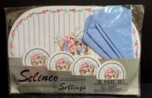 Vintage Country Blue Vinyl Floral Placemats Coasters Cloth Napkins Set of 4 NOS - Picture 1 of 11