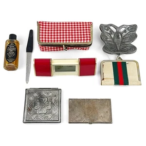 Vintage Waschtisch Zubehör Konvolut 60er Jahre kariert silber kompakt Parfum Flakon - Bild 1 von 15