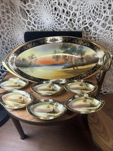 Antique Noritake Oval Celery Plate + 6 Salt Dishes Hand Painted Porcelain Set - Picture 1 of 13