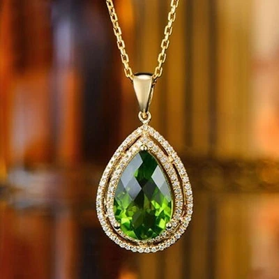 4 Ct Pear Cut Simulated Peridot Double Halo Charm Pendant 14k Yellow Gold Plated - Image 1 of 4