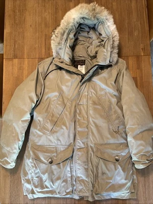 VTG 90s Eddie Bauer Polar Parka L Mens Goose Down Hooded Coyote Fur Trim READ - Image 1 of 4