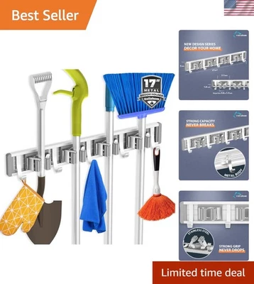 Вешалка для швабры и метлы компактная - 4 стойки и 5 крючков для легкой организации - Изображение 1 из 4