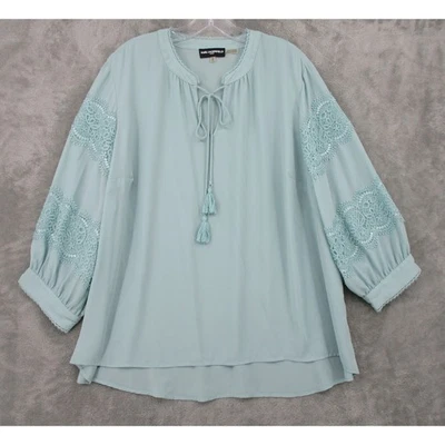 Karl Lagerfeld Paris Blouse 1X Puff Sleeve Lace Trim Tie Neck Tunic Feminine - Image 1 of 4