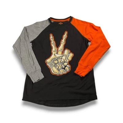 Boys Black Skeleton Peace Halloween T-Shirt Youth L Glows In The Dark Tee Shirt - Image 1 of 4
