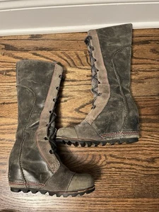Sorel Cate the Great Boot Womens Sz 6.5 Tall Lace Up Brown Gray Suede Wedge Heel - Picture 1 of 9