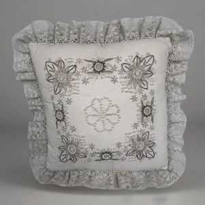 Decorative Pillow Hand French Knotted Embroidered Beige Lace Accents Cottagecore - Picture 1 of 4