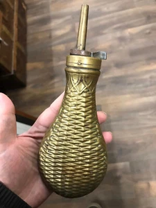 Antique Brass 19th Century Powder Flask. Basket Work Design. Genuine NOT a Repro - Picture 1 of 3