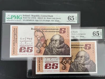 Consecutive Pair Ireland 5 pounds Scotus P71d Irish Irland 16.4.87 PMG65EPQ - Image 1 of 4