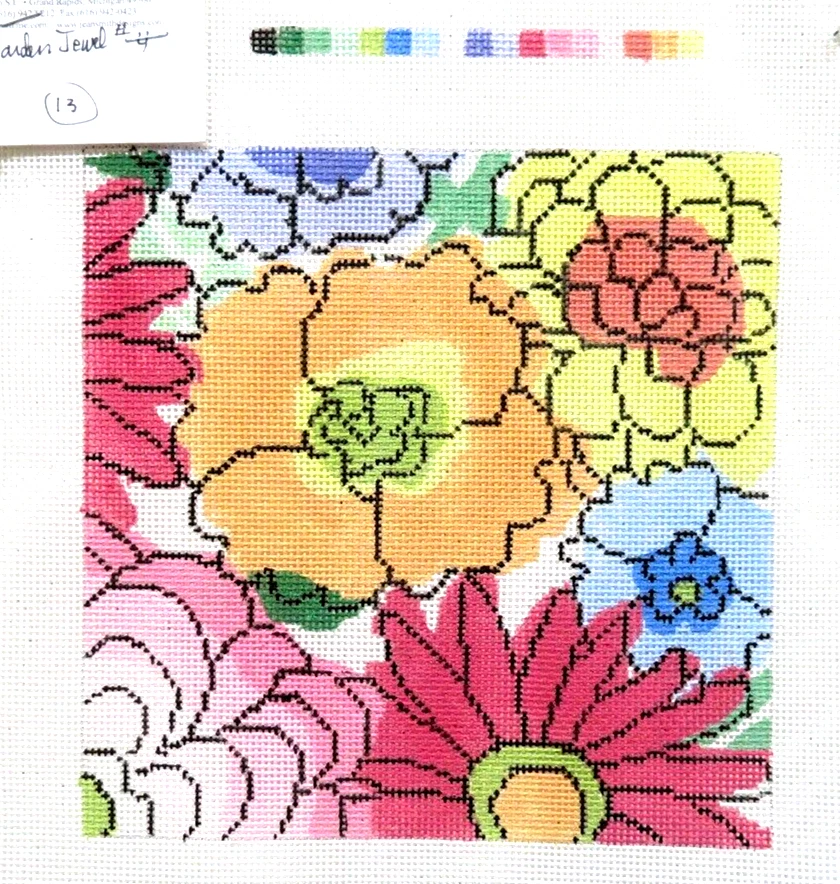 Jean Smith Garden Jewel Flowers Handpainted Needlepoint Canvas 8x8 13ct - Image 1 of 1