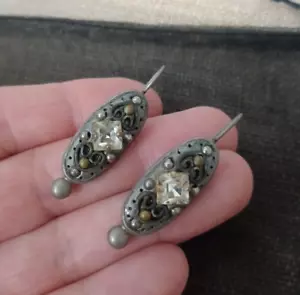 vtg Michal Golan Designer Signed Unique Glass Silver Plated Dangle Earring - Picture 1 of 6