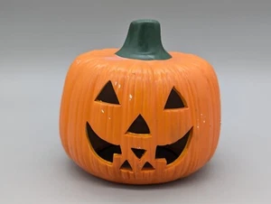 Vintage Ceramic Pumpkin Jack O Lantern Halloween Votive Candle Holder Light 5.5" - Picture 1 of 10