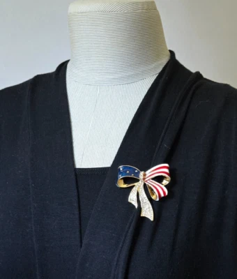 4th of July Brooch Red White Blue Patriotic Bow Pin Classic Elegant 1.50" - Image 1 of 4